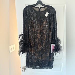 Jovani Sequin Mock-Neck Feather-Trim Mini Dress